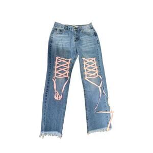 Y2k pink lace up distressed denim
